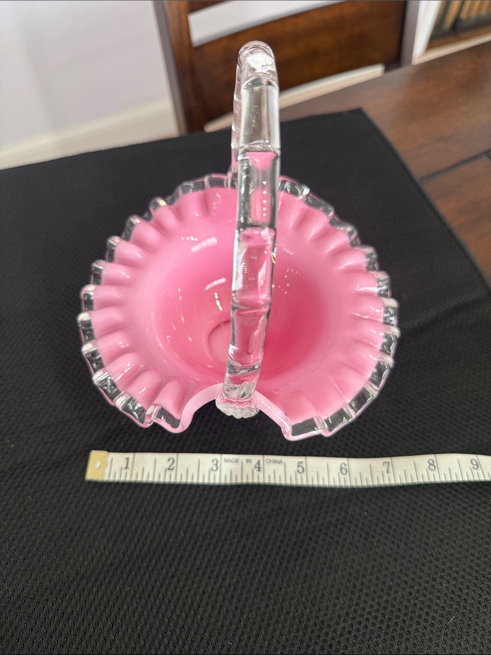 Pink Ruffled Glass Basket with Clear Handle - Picture 7 of 7